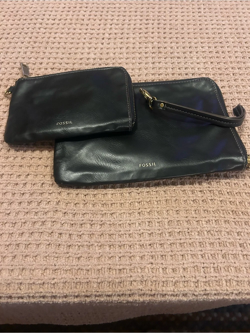 Fossil Black Leather Wristlet and Coin Pouch Set with Gold Hardware
